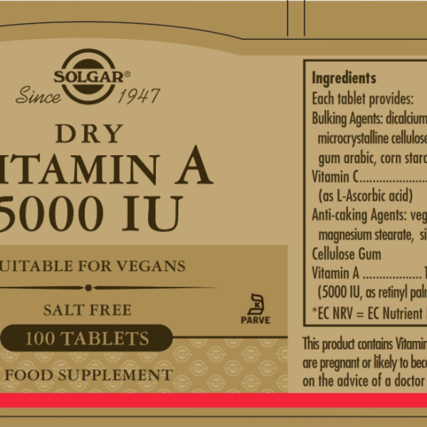 SOLGAR VIT A 5000 IU DRY TABS 100S - Image 2